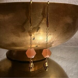 Peach Moonstone Hex Chain Earrings with Gold Skull, Long Dangle Earrings